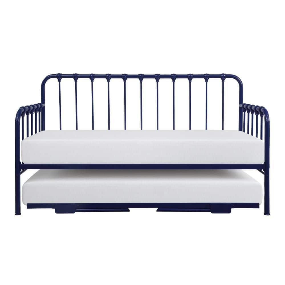 Benjara Ziva Daybed with Lift Up Trundle, Navy Blue Metal Frame, Folding Legs