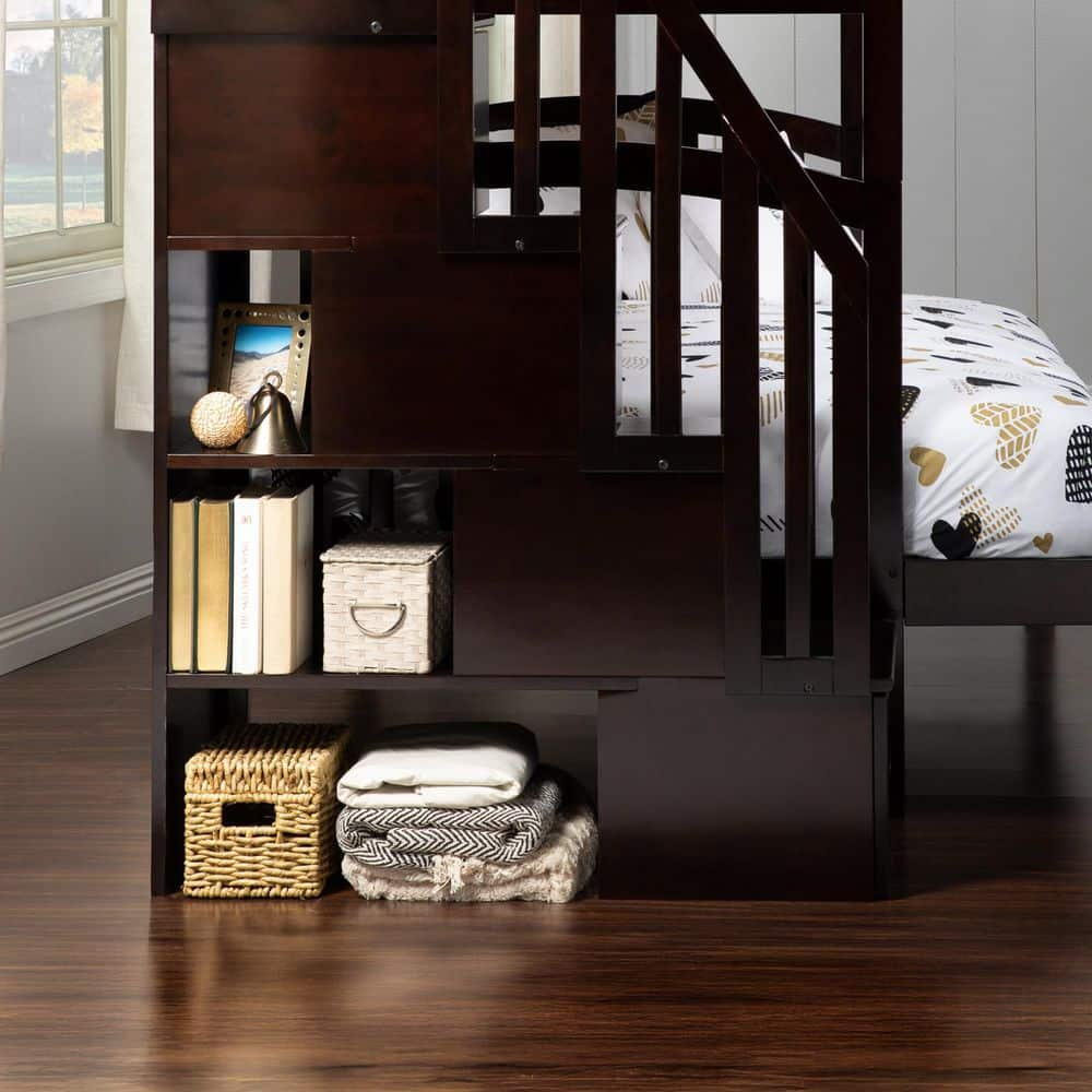 Westbrook Staircase Bunk Twin over Full with Full Size Urban Trundle Bed in Espresso