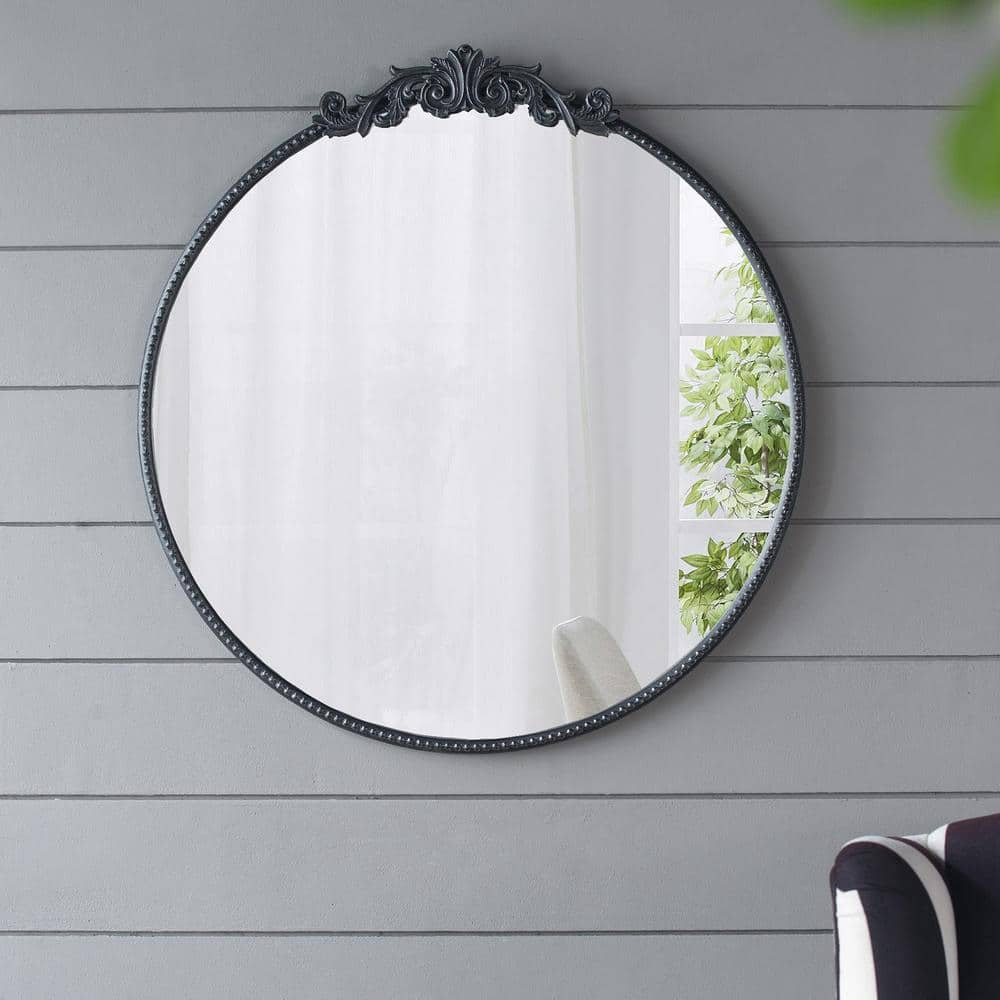 Gzxs Round Mirror, 30" Baroque Style Circle Mirror Vintage Black Wood Frame Wall Mirrors for Vanity, Bathroom or Bedroom