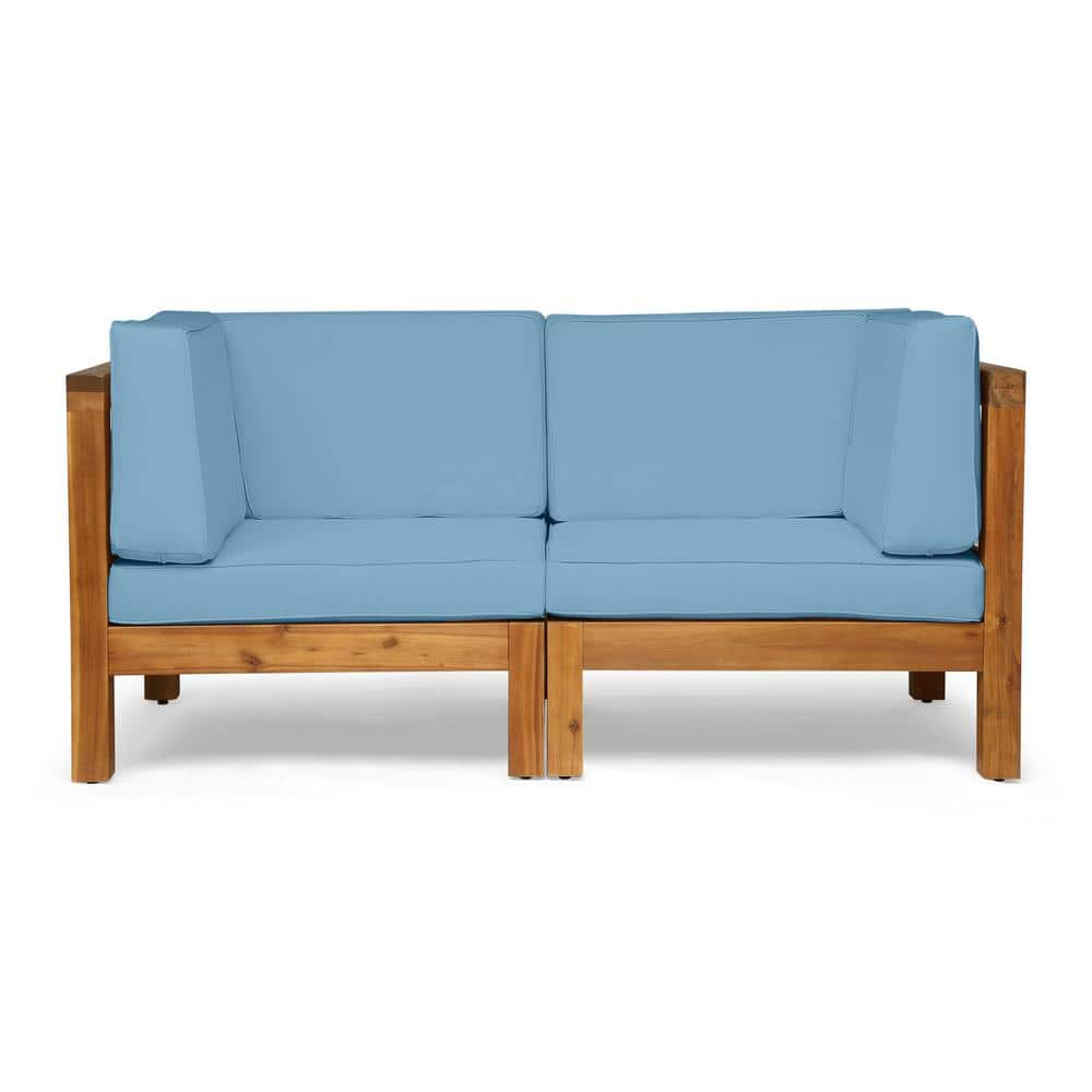 Luella Outdoor Modular Sectional Acacia Wood Loveseat with Cushions, Teak, Blue