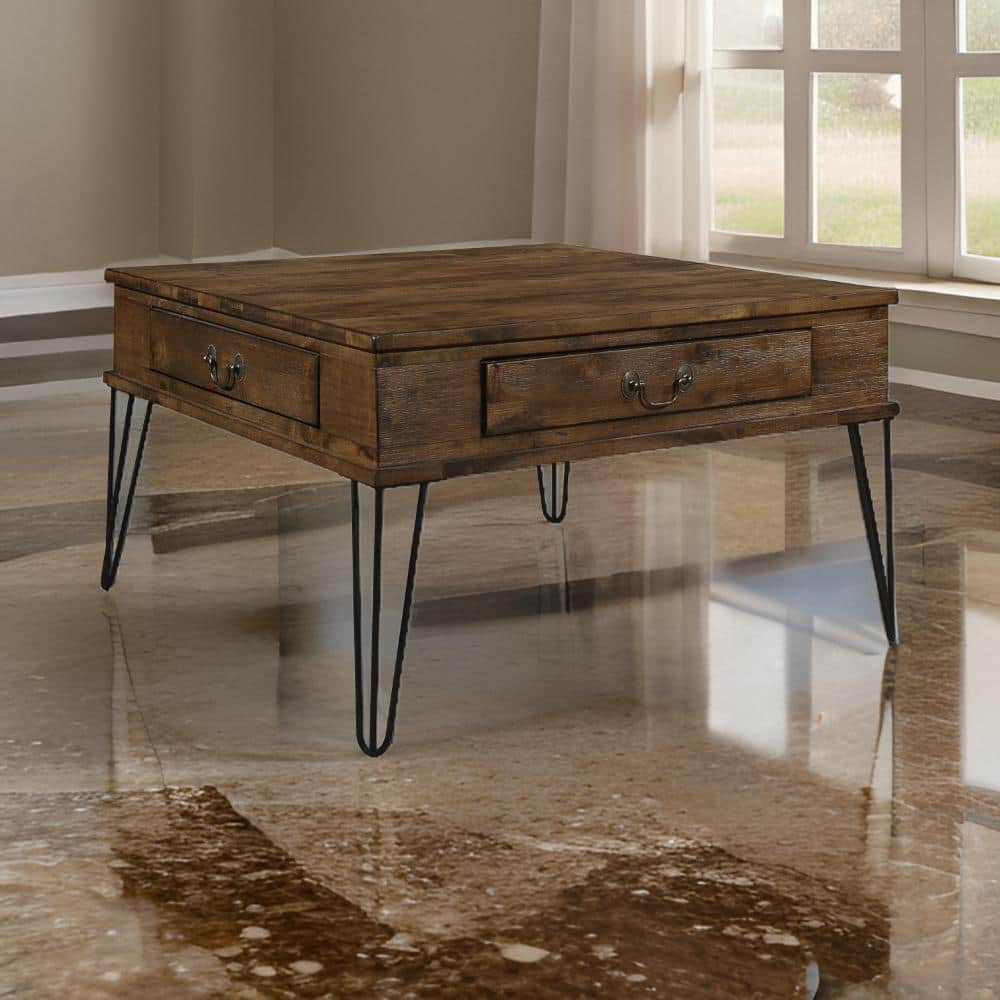 Benjara BM313581 32 in. Itti Square Cocktail Coffee Table with 2 Drawers - Wood - Brown & Bronze