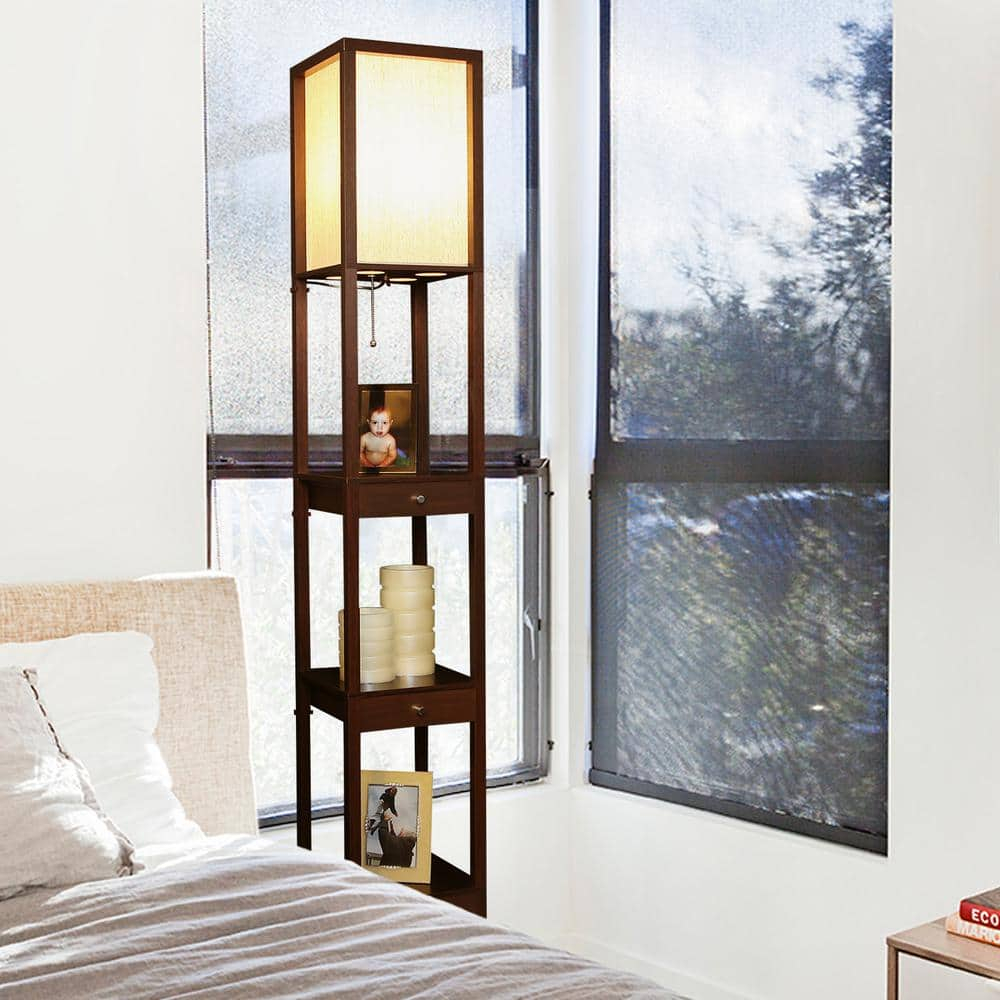 Maxwell 72 in. Havana Brown Traditional 1-Light LED Energy Efficient 3-Drawer Floor Lamp with Beige Fabric Square Shade