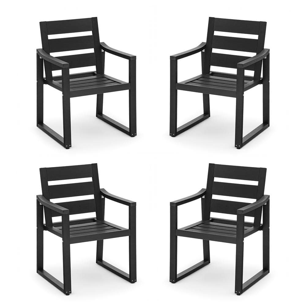 Black Square-Leg Plastic HDPS Outdoor Dining Chairs All-Weather Indoor Outdoor Patio Dining Chairs with Armrest(4-pack)