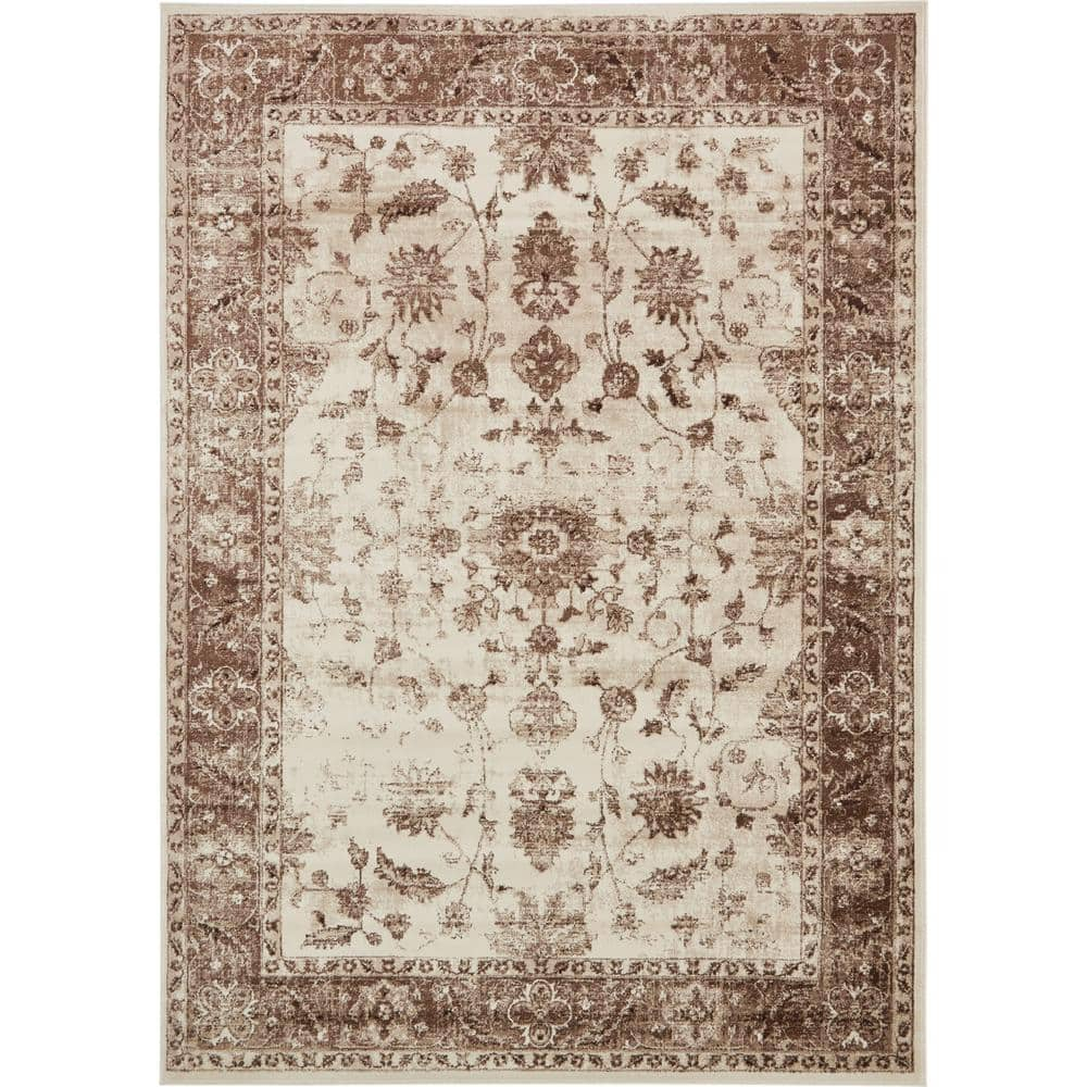 Ivory and Brown Synthetic Stain-Resistant Rectangular Area Rug