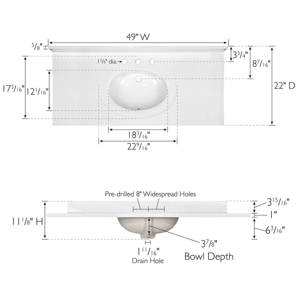 Cultured Marble Widespread Vanity Top – 49-Inch Single Bowl Sink 8-Inch Widespread with Integrated Backsplash – Reinforced Packaging – Solid White, Design House, 586388
