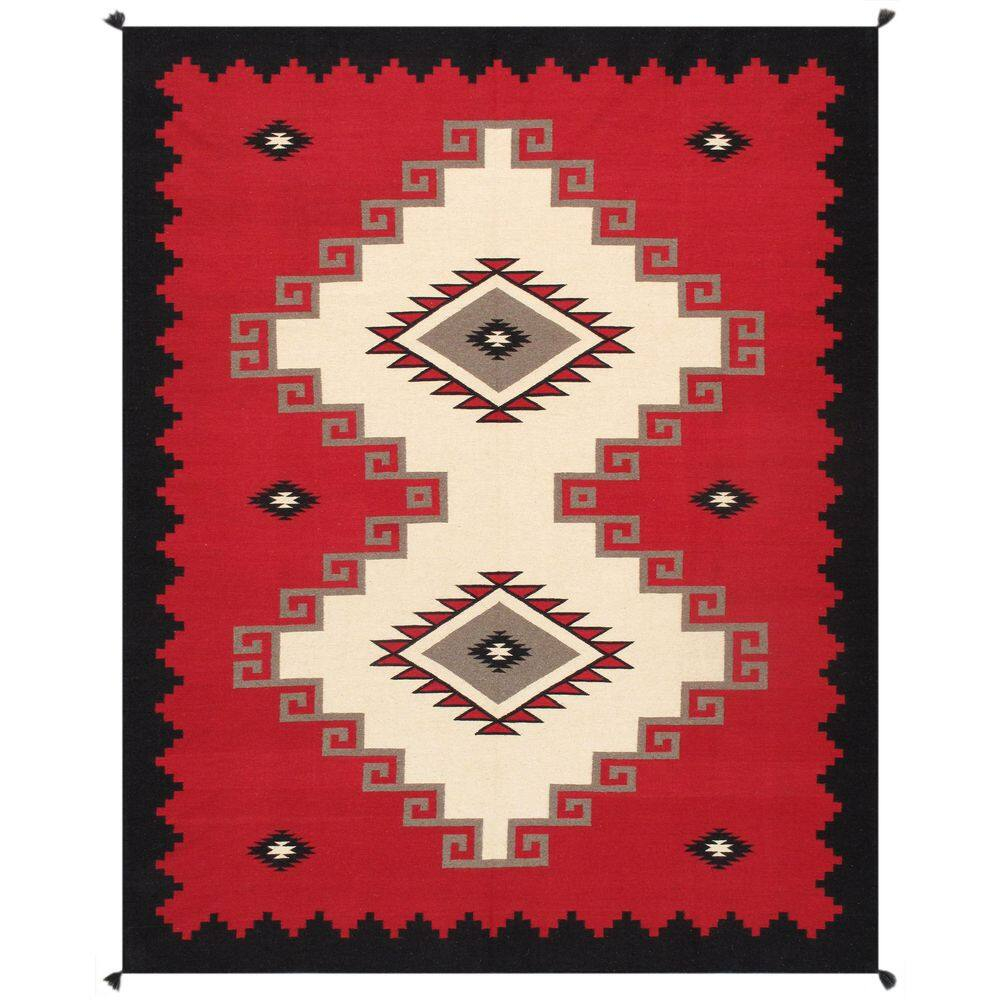 Ivory and Red Geometric Wool 8' x 10' Handmade Rug