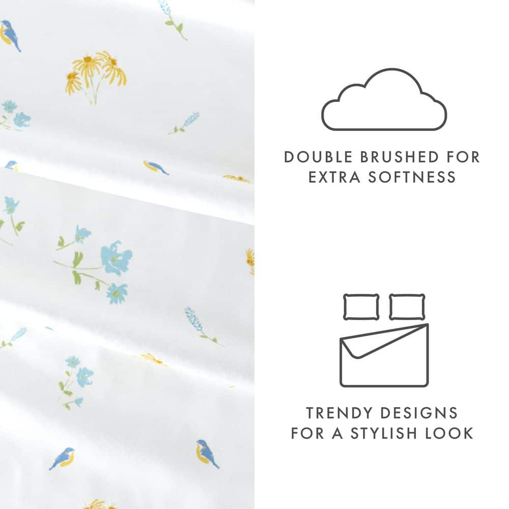 Noble Linens 4 Piece Pattern Microfiber Bed Sheets Set, Light Blue Bluebirds, Queen