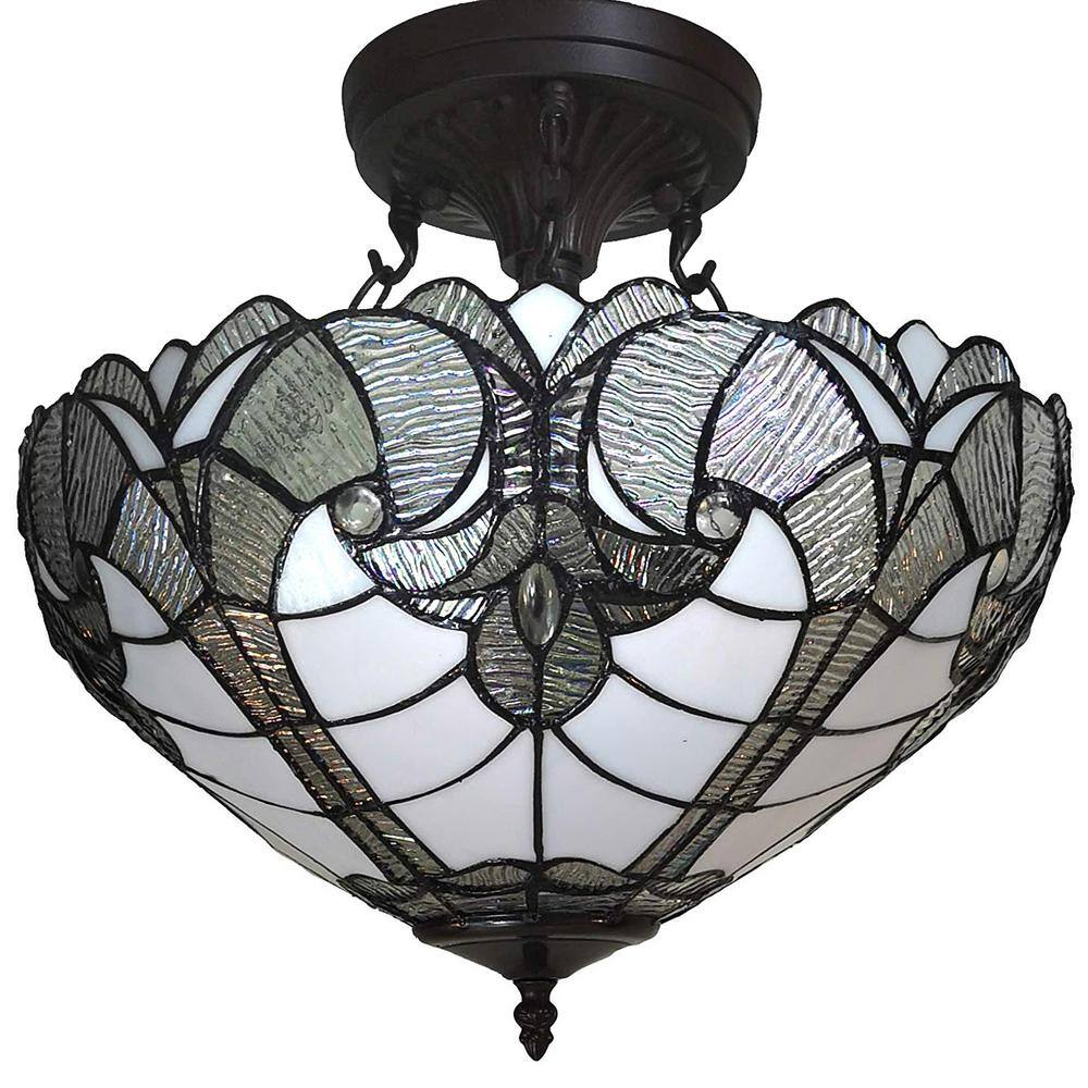 Tiffany Style 2 Light Vintage Semi-Flush Ceiling Lamp - 16" Wide