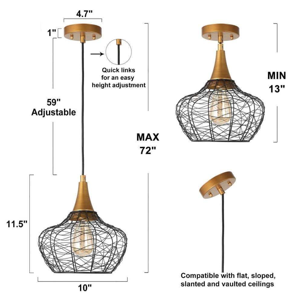 Modern Industrial Black and Brass Geometric Cage Pendant Light