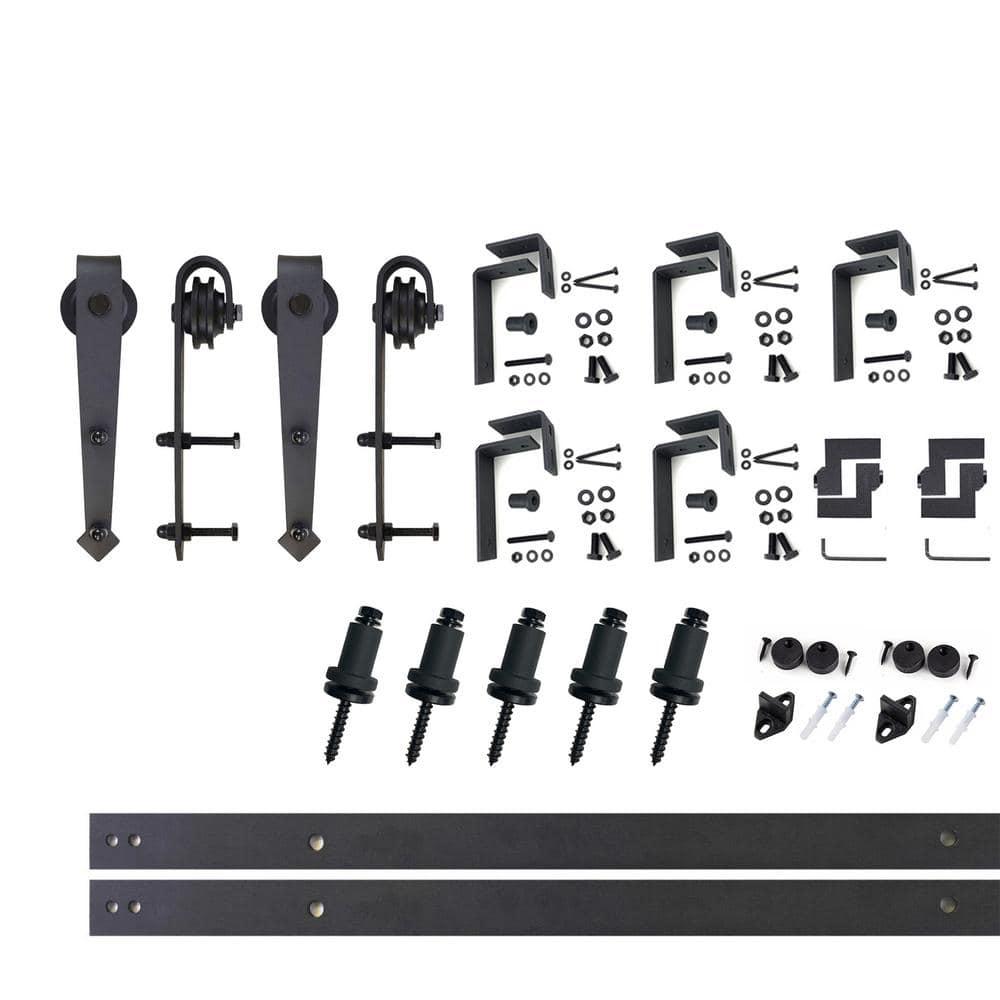 Homacer Black Rustic Double Track U-Shape Bypass Sliding Barn Door Hardware Kit, for Two/Double Doors, 7ft Long Flat Track, Arrow Design Roller, Heavy Duty, for Interior & Exterior Use