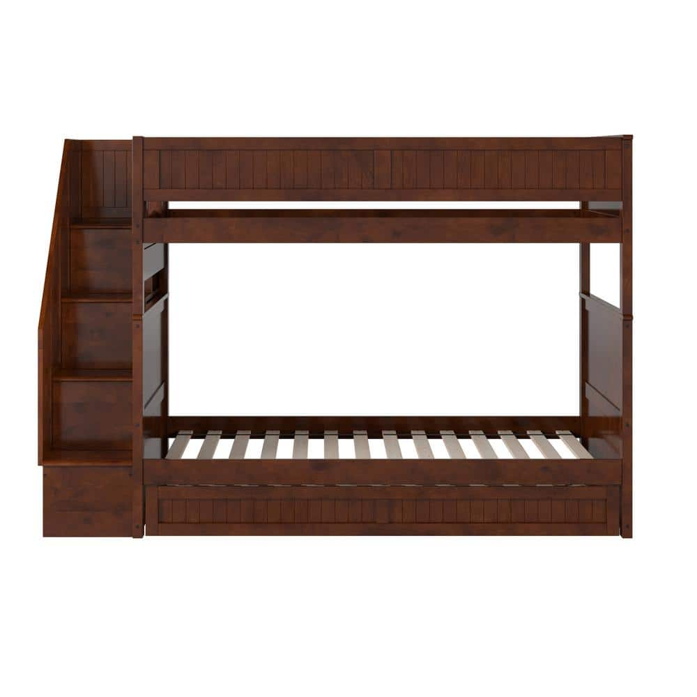 Walnut Twin Over Twin Bunk Bed with Storage Drawer and Trundle