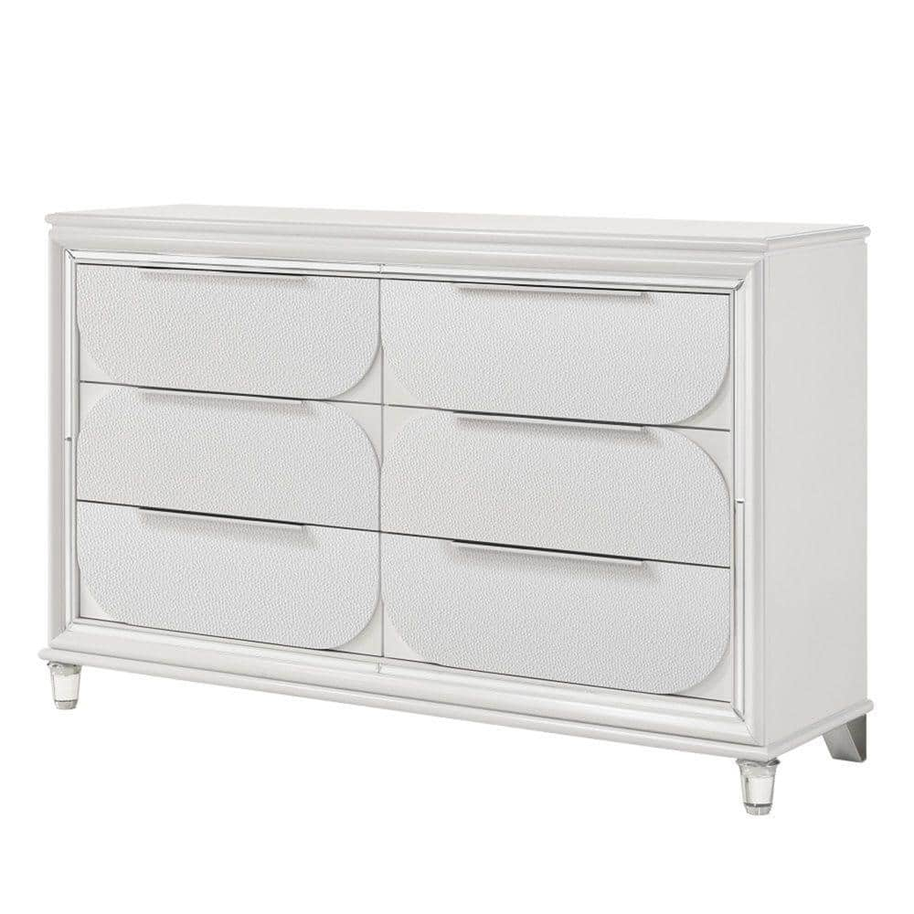 Benjara Rara 64 Inch Wide Dresser, 6 Drawers, Mirror Trim, Acrylic Legs, White