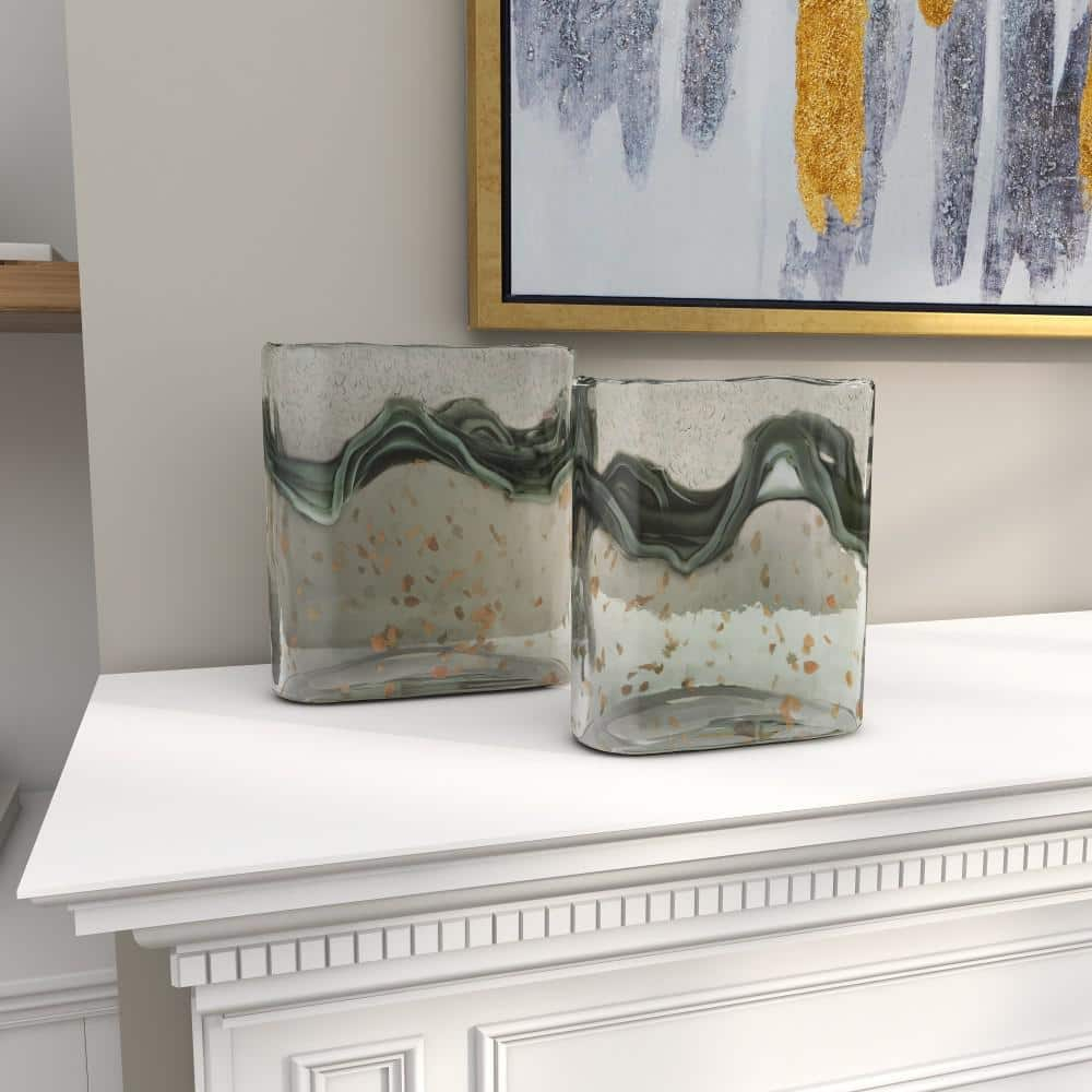 DecMode 9", 8"H Handmade Blown Gray Glass Vase with Speckled Wave Design, Set of 2