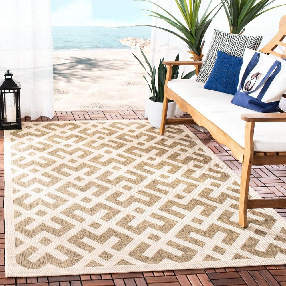 SAFAVIEH Courtyard Alvin Geometric Indoor/Outdoor Area Rug, 9' x 12', Brown/Bone