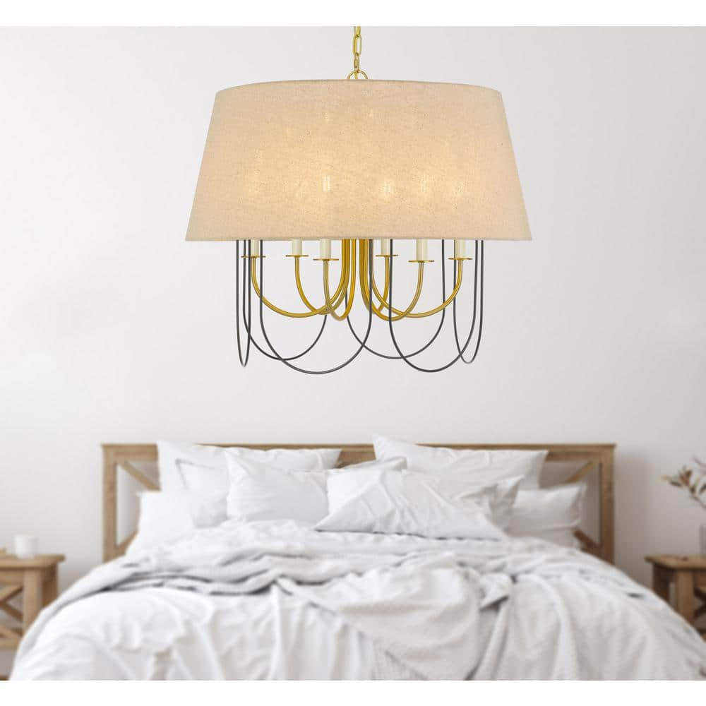Eupora 6-Light Antique Brass Metal Circle Chandelier with Burlap Shade