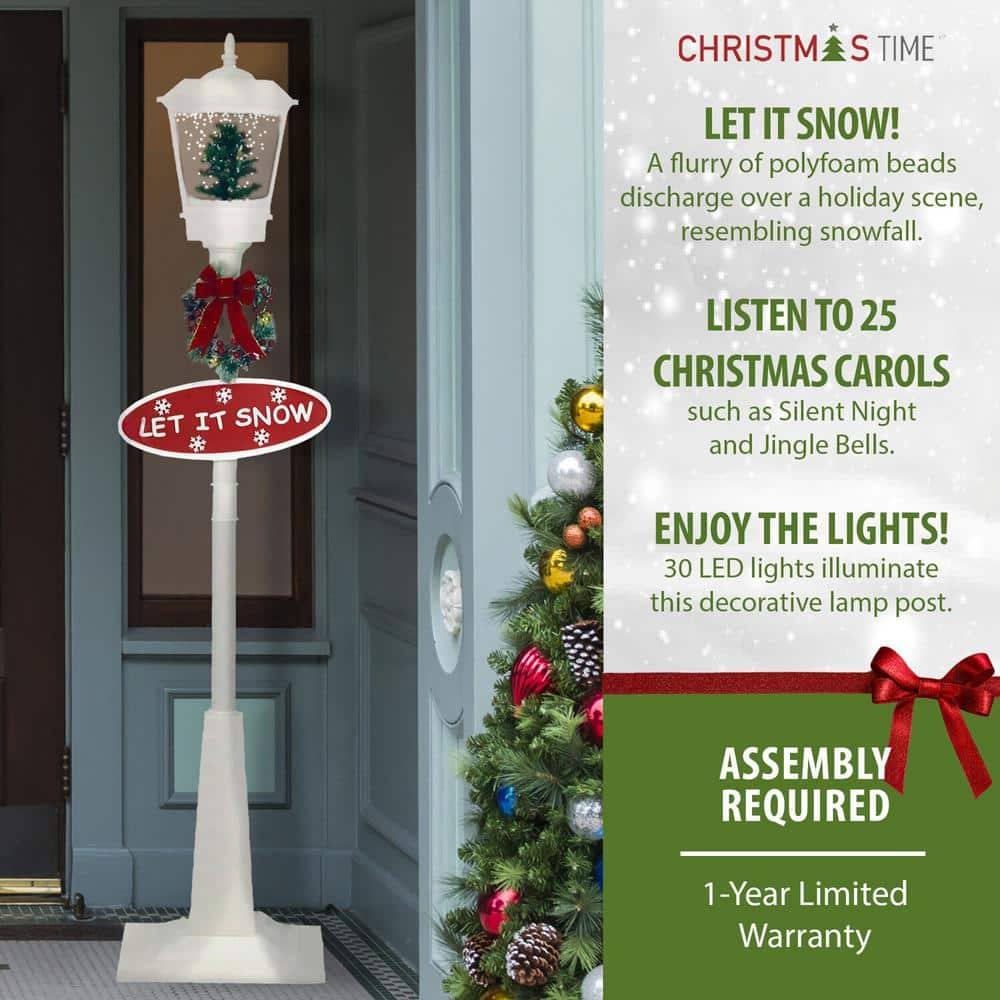 Christmas Time 71-In. Musical Snowy Street Lamp | Christmas Tree Scene, 2 Signs, Cascading Snow, and Holiday Songs | White | CT-SL071A-WHT