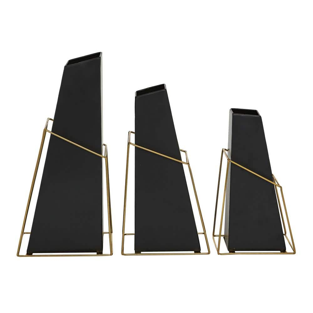 DecMode 10", 12", 14"H Black Metal Vase with Gold Wire Accents, Set of 3
