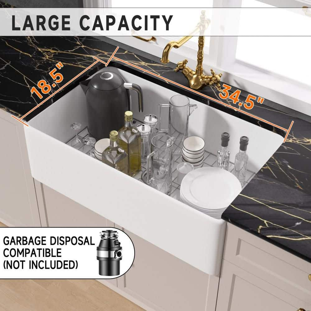 TUKTUK White Farmhouse Sink 36 inch Fireclay Farm Sink Apron Front Single Bowl Kitchen Sinks Deep Large Capacity Porcelain Ceramic Sink Undermount Luxury Bottom Grid & Strainer Drain Included