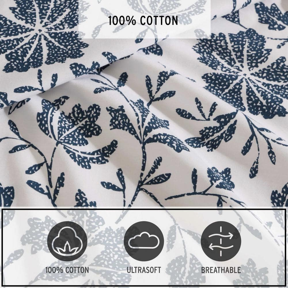 Queen Blue Floral Cotton Percale Deep Pocket Sheet Set