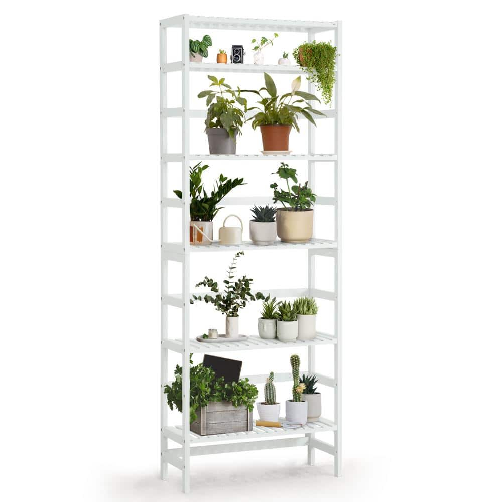 CAPHAUS 6-Tier Bamboo Shelf, Bamboo Open Storage Bookcase with Adjustable Layer, Freestanding Plant Display Stand, Multifunctional Storage Rack Stand for Bathroom, Bedroom, Kitchen, White