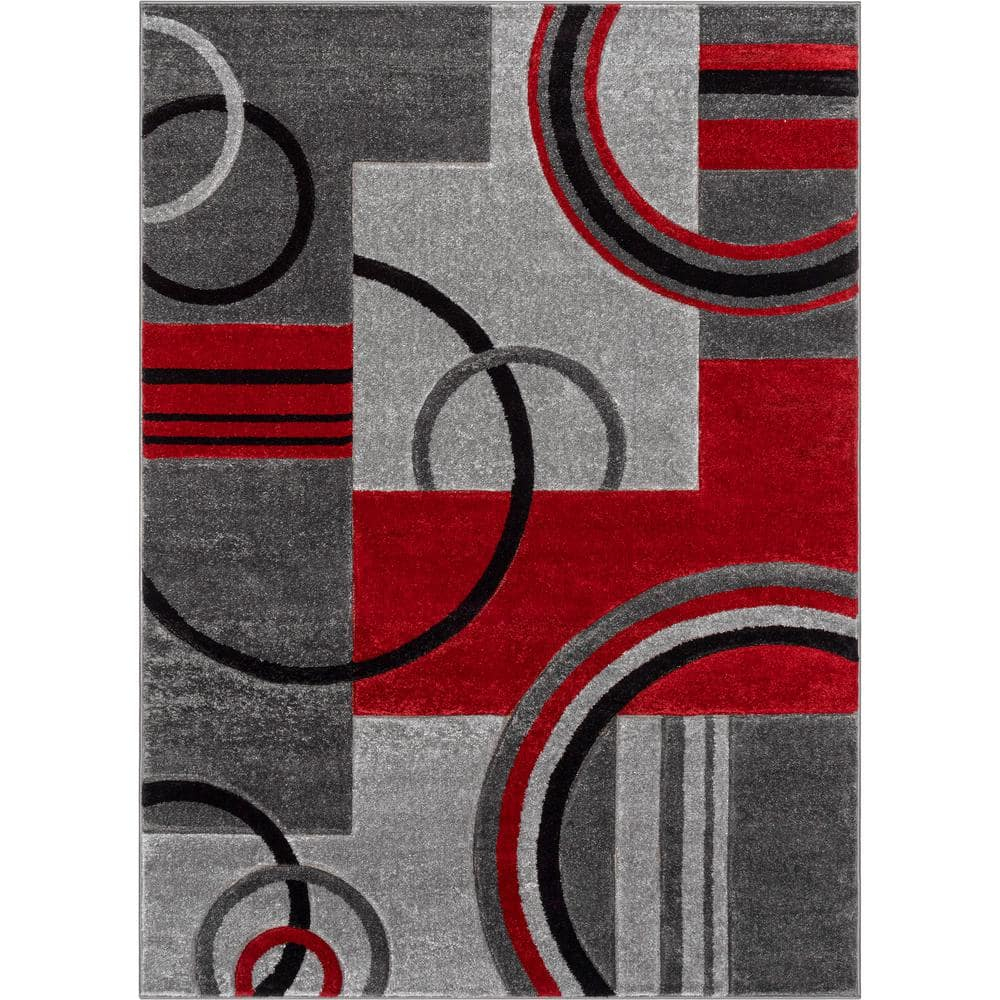 Well Woven Ruby Galaxy Waves Modern Geometric Grey & Red 6'7" x 9'3" Area Rug