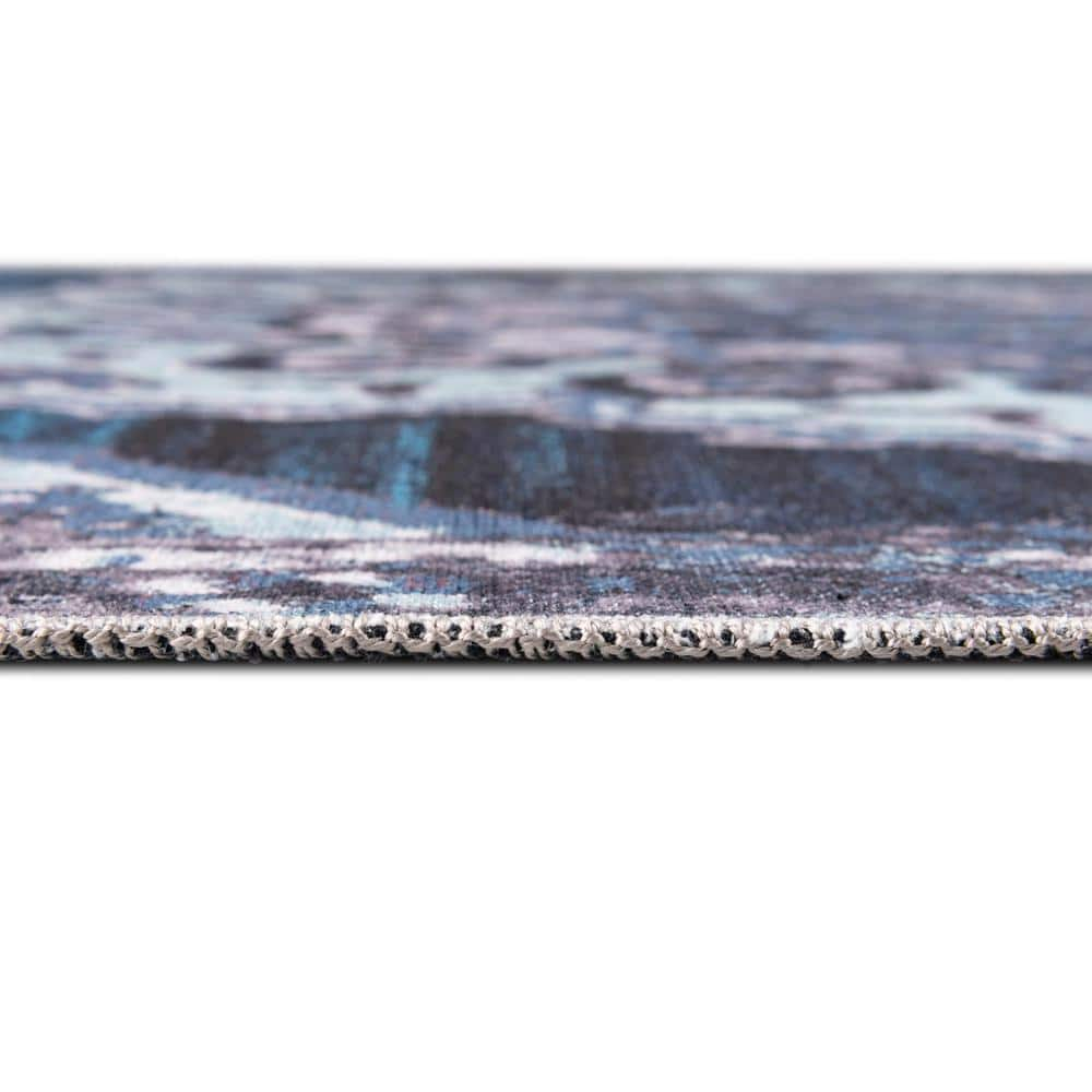 Navy Blue Medallion Synthetic Washable Square Rug
