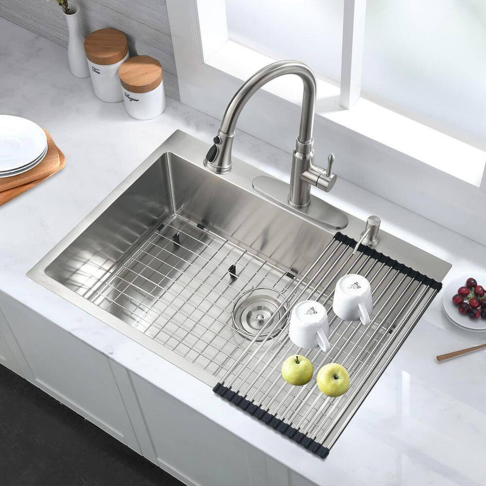Clearance! Stainless Steel 30 in 2-Hole Single Bowl Drop-In Kitchen Sink with Bottom Grid and Basket Strainer
