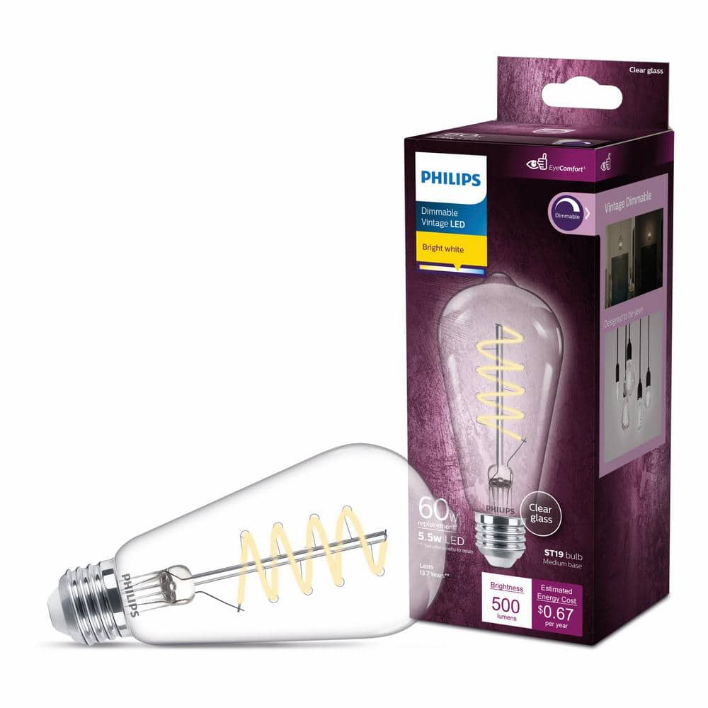 Philips LED 60-Watt ST19 Straight Tubular Filament Lightbulb, Clear Bright White, Dimmable, E26 Medium Base (1-Pack):