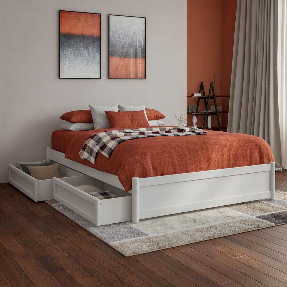 Barcelona Full Solid Wood Panel Platform Bed with Storage Drawers in White