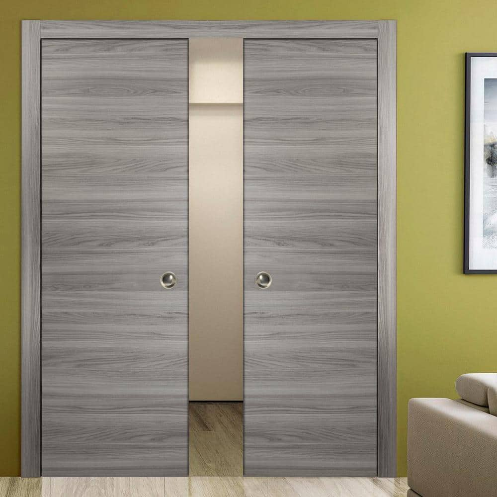 Sliding Double Pocket Door with Frames | Planum 0010 Ginger Ash | Kit Trims Rail Hardware | Solid Wood Interior Bedroom Bathroom Closet Sturdy Doors -60" x 80" (2* 30x80)