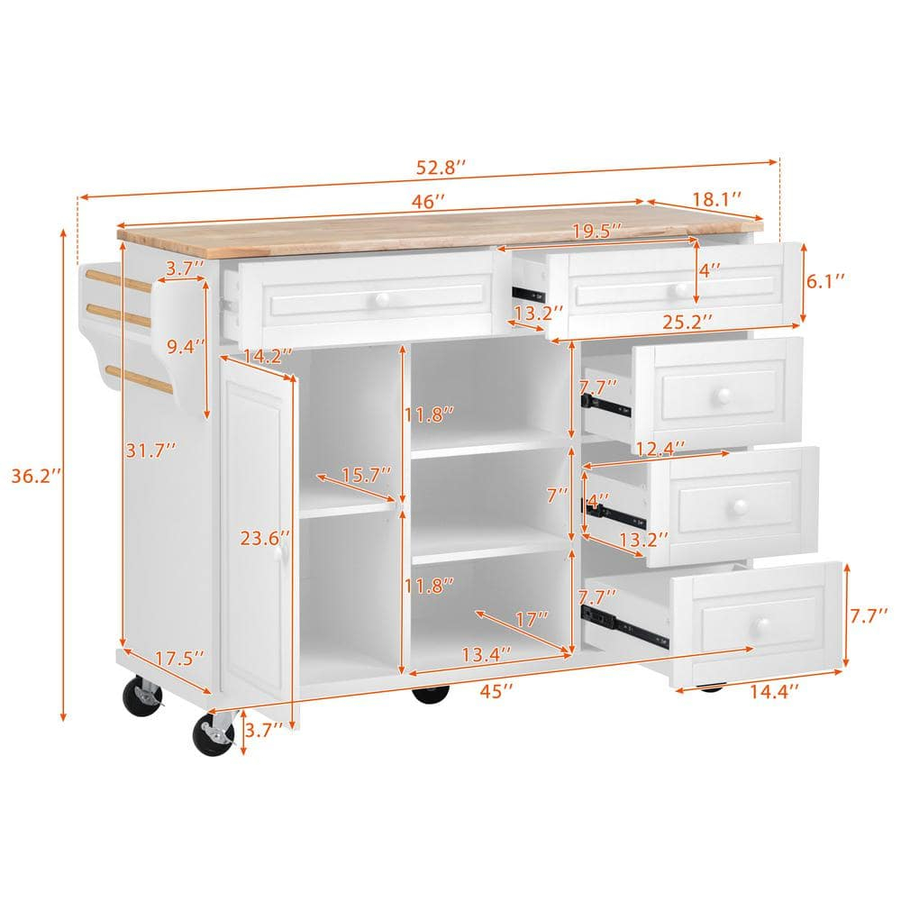 Kitchen Island Cart with 5 Drawers, 1 Cabinet and 2 Adjustable Shelves, 52.8" Kitchen Trolley Cart with Spacious Tabletop and Locking Wheels, Buffet Server Sideboard with Spice Rack & Towel Rack White