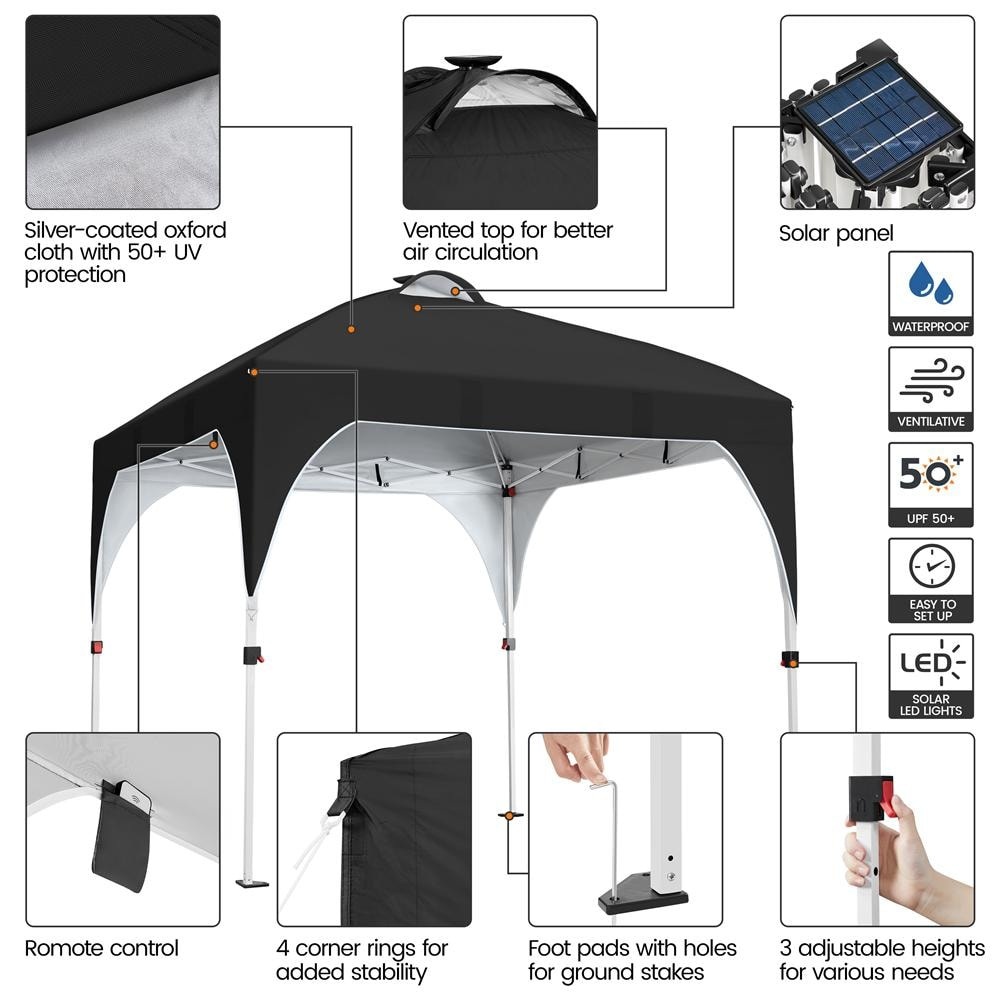 10 ft. Black Polyester Pop-Up Canopy Tent with LED Lights