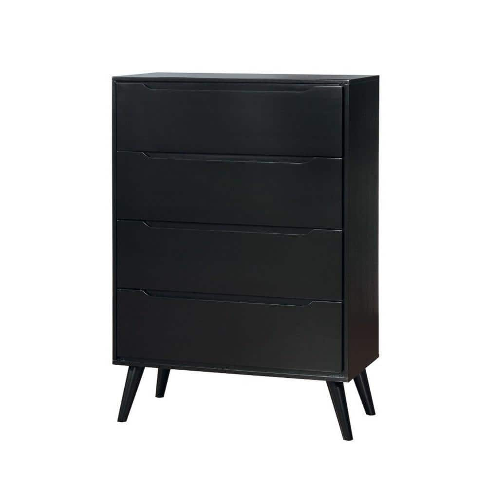 Benzara 4 Drawer Wooden Chest With Round Tapered Legs, Black