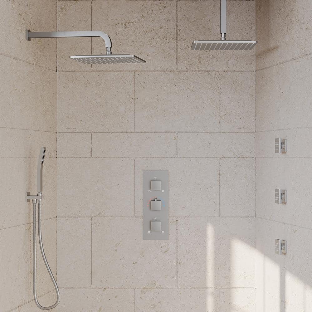 Thermostatic Dual Heads with 12" Rain Shower Faucet, Hand Shower and 3 Body Jets Matte Black