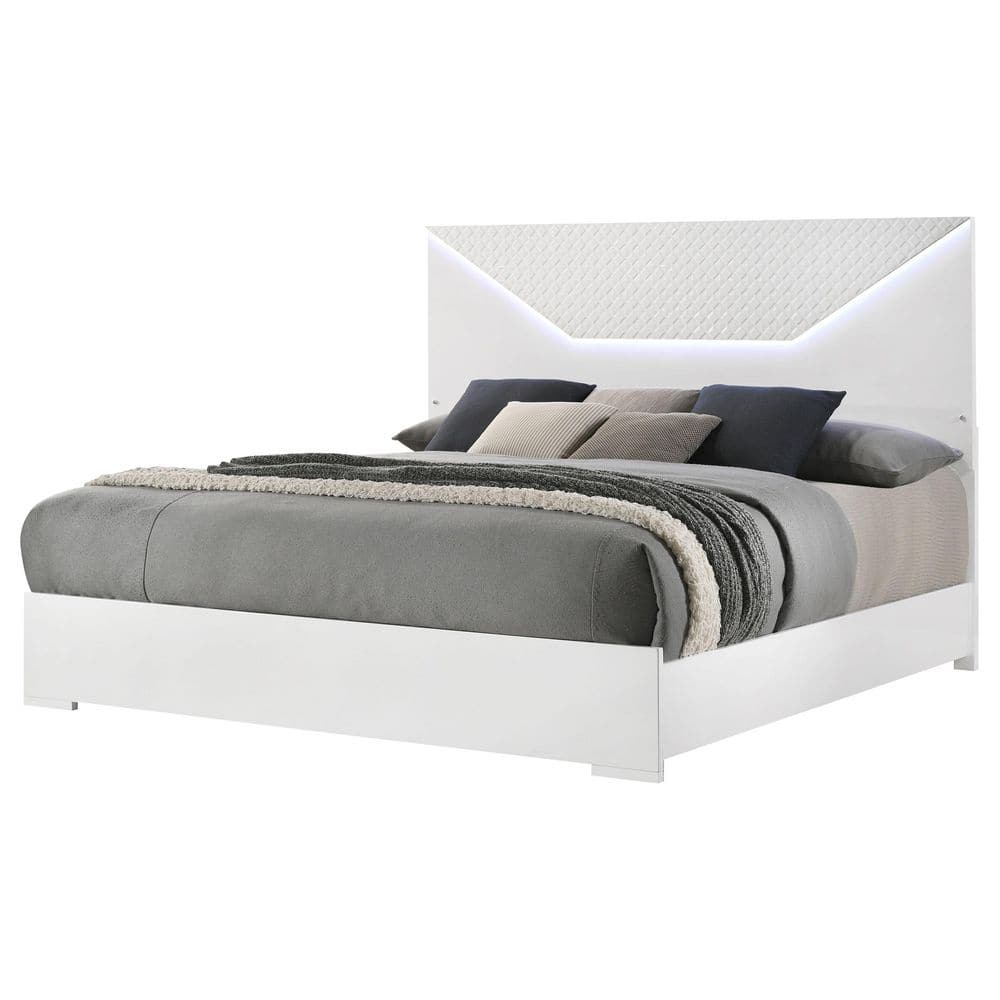 Coaster Ives LED Headboard Wood Queen Panel Bed White High Gloss