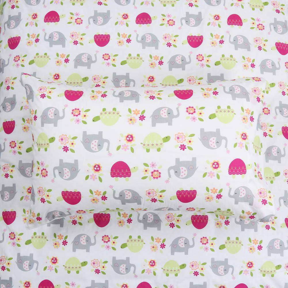 Sweet Floral Friends Baby Elephant Turtle 3 Piece White Pink Grey Cotton Toddler Sheet Set
