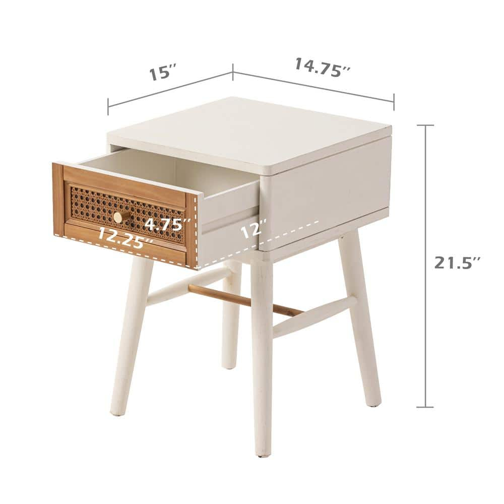 COZAYH Fully-Assembled 1-Drawer Woven Cane Front Accent Nightstand with Brass Knobs for Living Room, Hand-Scratched Aging Finish, Bedroom, White