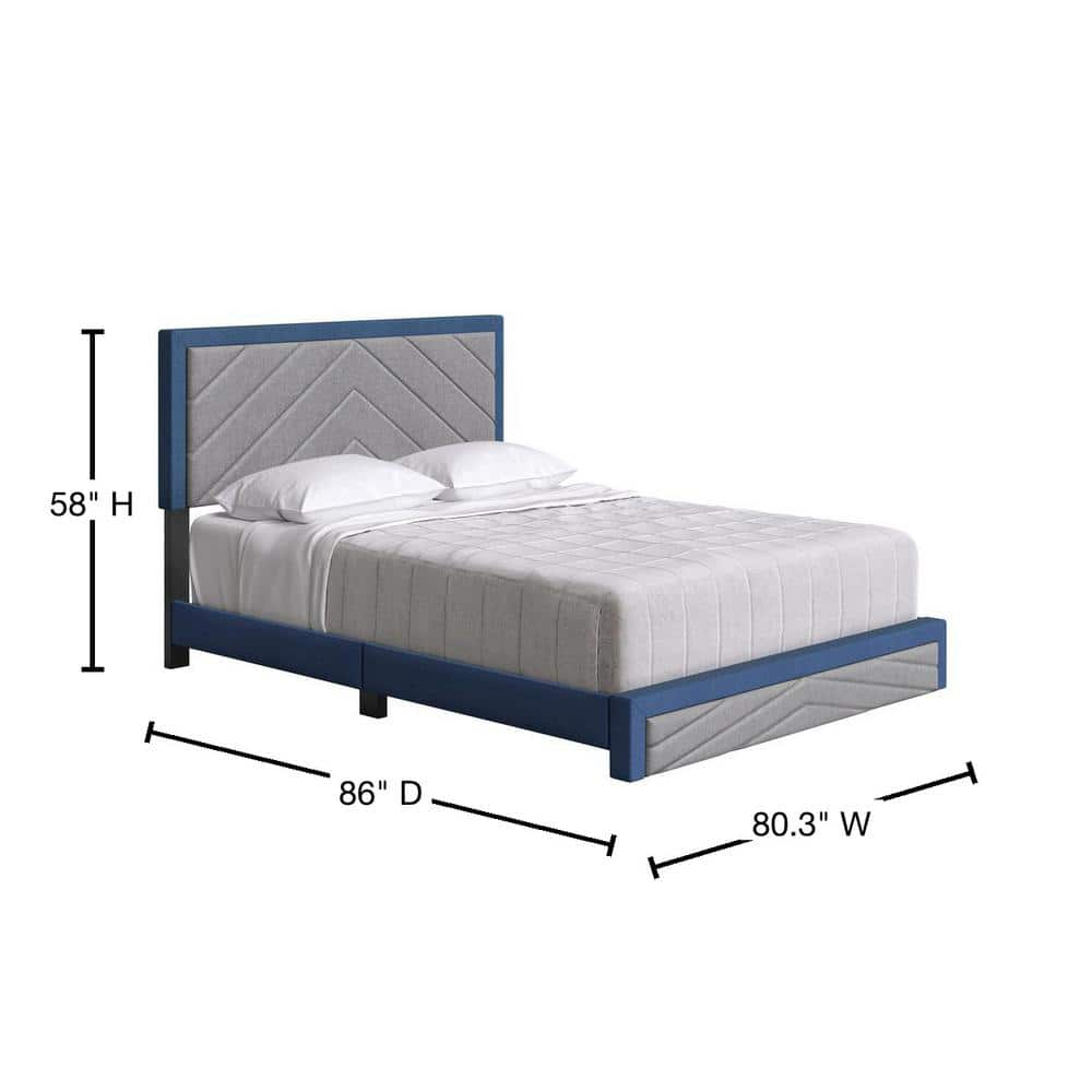 Barcelona Diagonal King Linen Upholstered Platform Bed, Blue and Gray