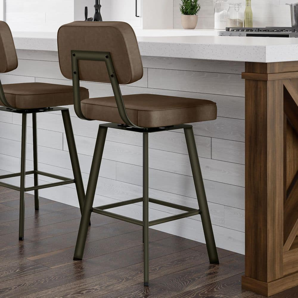 Amisco Clarkson 30 in. Swivel Bar Stool - Brown Faux Leather/Dark Brown Semi-Transparent Metal