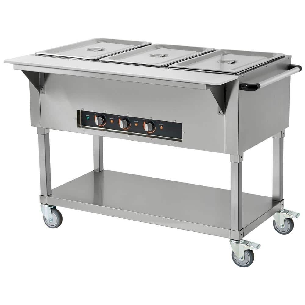 3-Pan Commercial Food Warmer, 3 x 20.6QT Electric Steam Table, 1500W Professional Buffet Catering Food Warmer with 4 Wheels (2 Lockable), Food Grade Stainless Steel Server for Party Restaurant