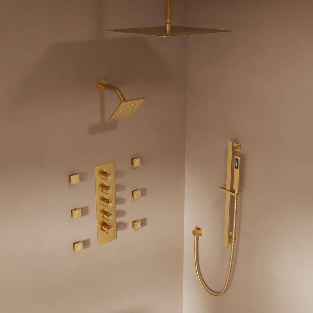 GRANDJOY 16 inch Complete Dual Shower Head System, Celling Mounted Shower Faucet Set with Hand Shower Head, Rough in-Valve, 6 Massage Body Jets - Brushed Gold