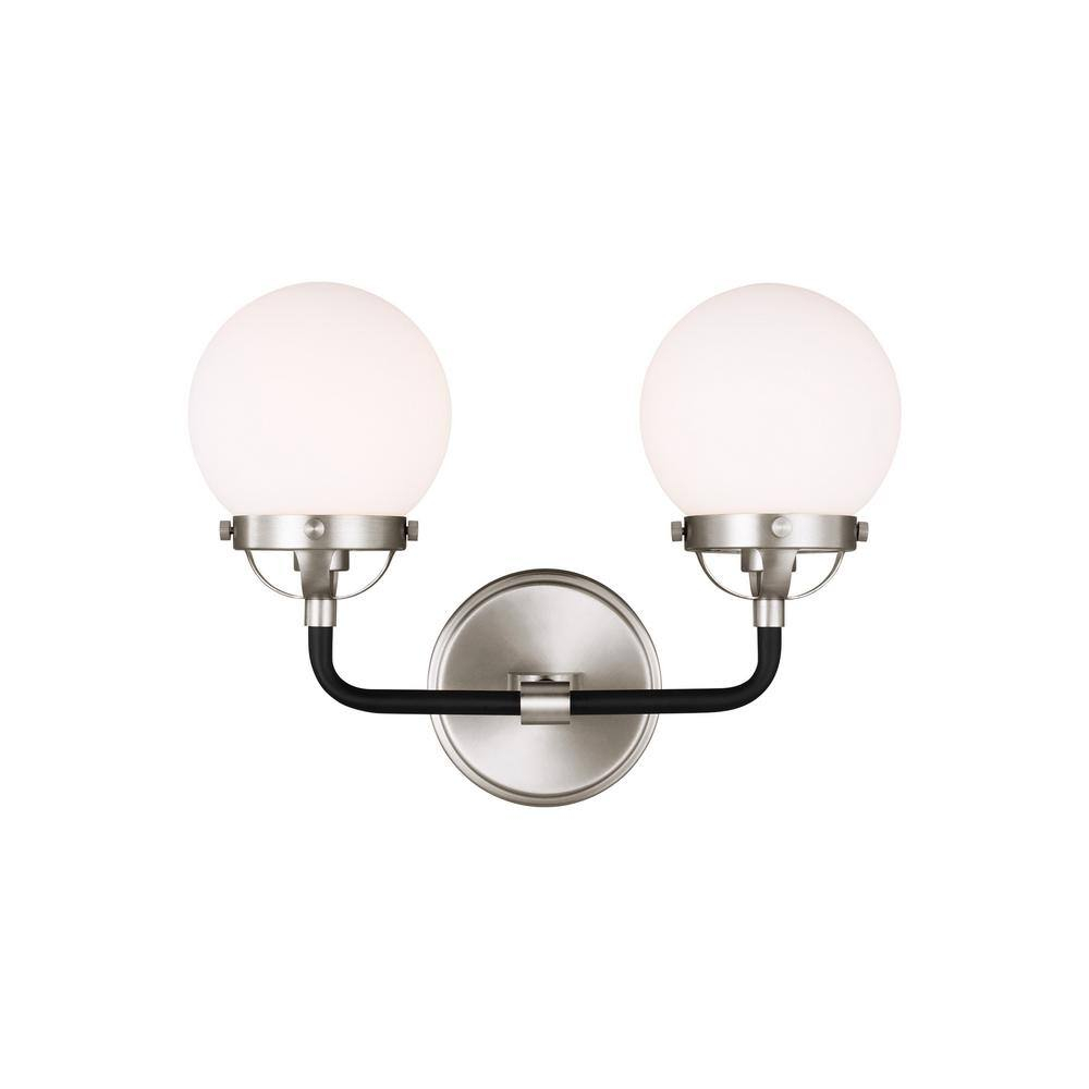 Cafe 14 in. W 2-Light Brushed Nickel Vanity Light with Etched/White Glass Shades and Matte Black Frame Accents