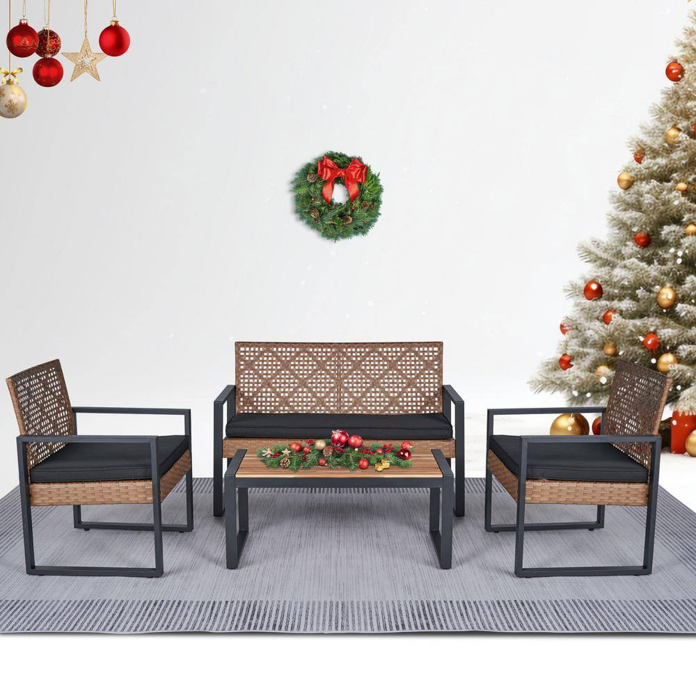 Patio Furniture Set for 4, Rattan Outdoor  Conversation Set with Wood Table, Brown PE Wicker Porch Sofa Set with Cushions, Porch Deck Poolside Furniture, Max 705LBS