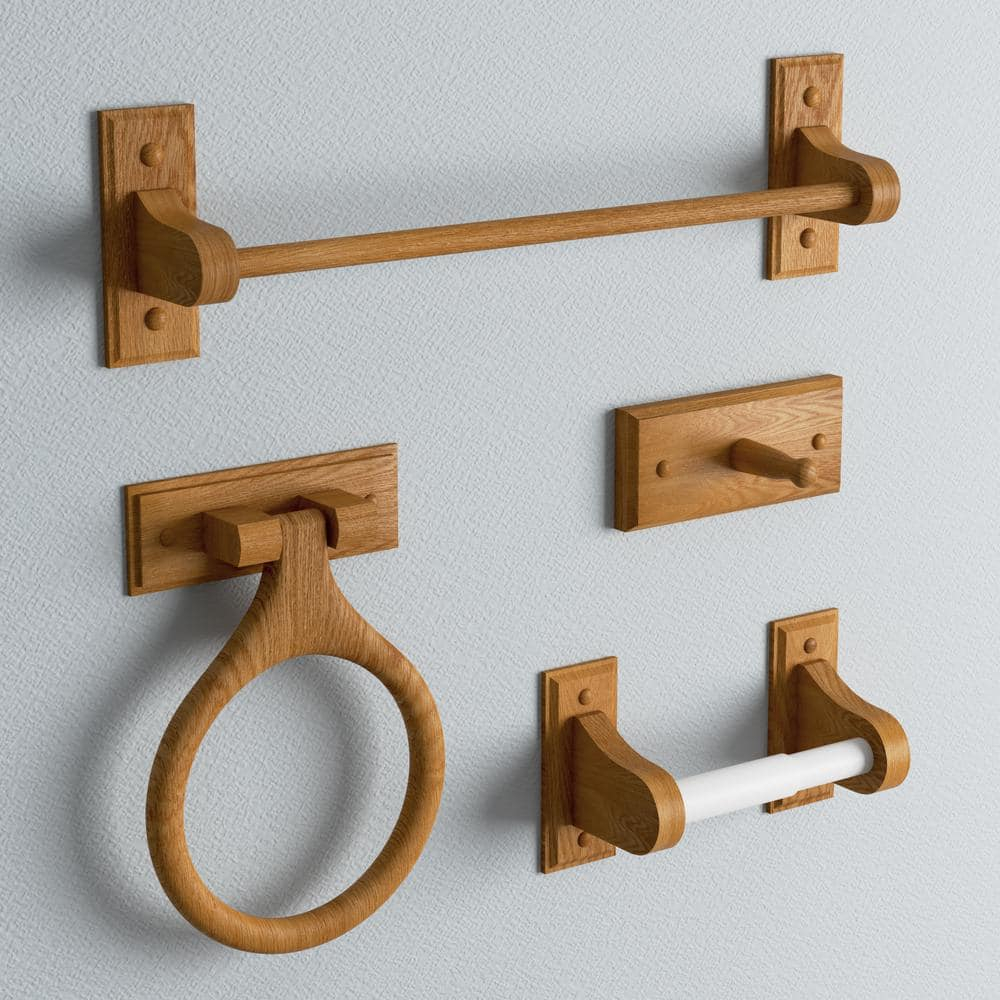 Dalton 4-Piece Bathroom Accessory Set, Honey Oak, Includes Towel Bar, Towel Ring, Toilet Paper Holder, and Robe Hook – Design House, 561258