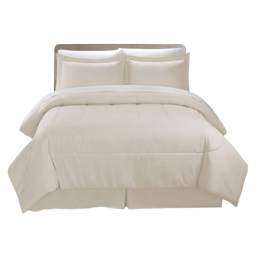 Cathay Home Basic Bedding Home Essential Ultra Soft Lightweight 8PC Wrinkle Resistant Microfiber Bed in a Bag Set (Includes Complete Sheet Set, Comforter Set & Bedskirt) - Twin, Coconut Milk