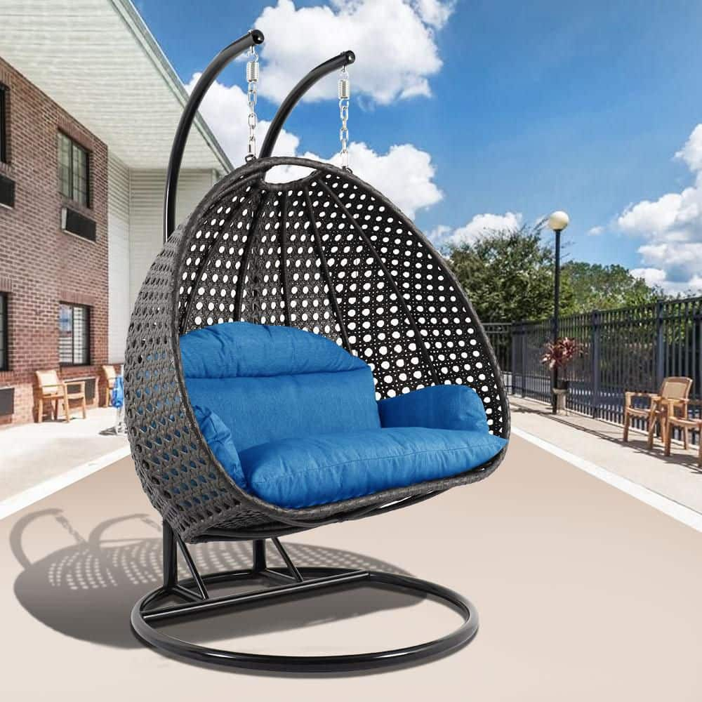 LeisureMod Charcoal Rattan Wicker Double 2 Person Egg Swing Chair with Stand, Blue Cushion