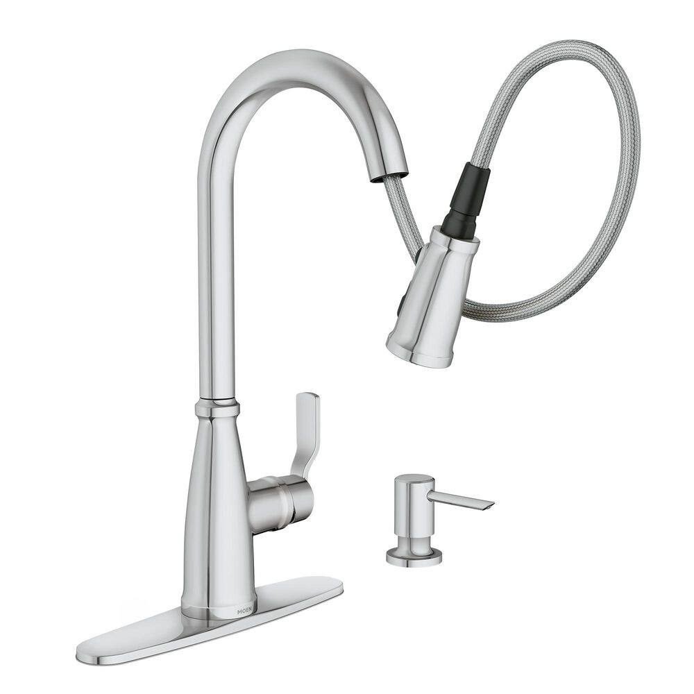Moen Nolia Chrome One-Handle High Arc Kitchen Faucet with Pull Down Sprayer and Soap Dispenser, Kitchen Sink Faucet Featuring Power Boost Technology, 87071