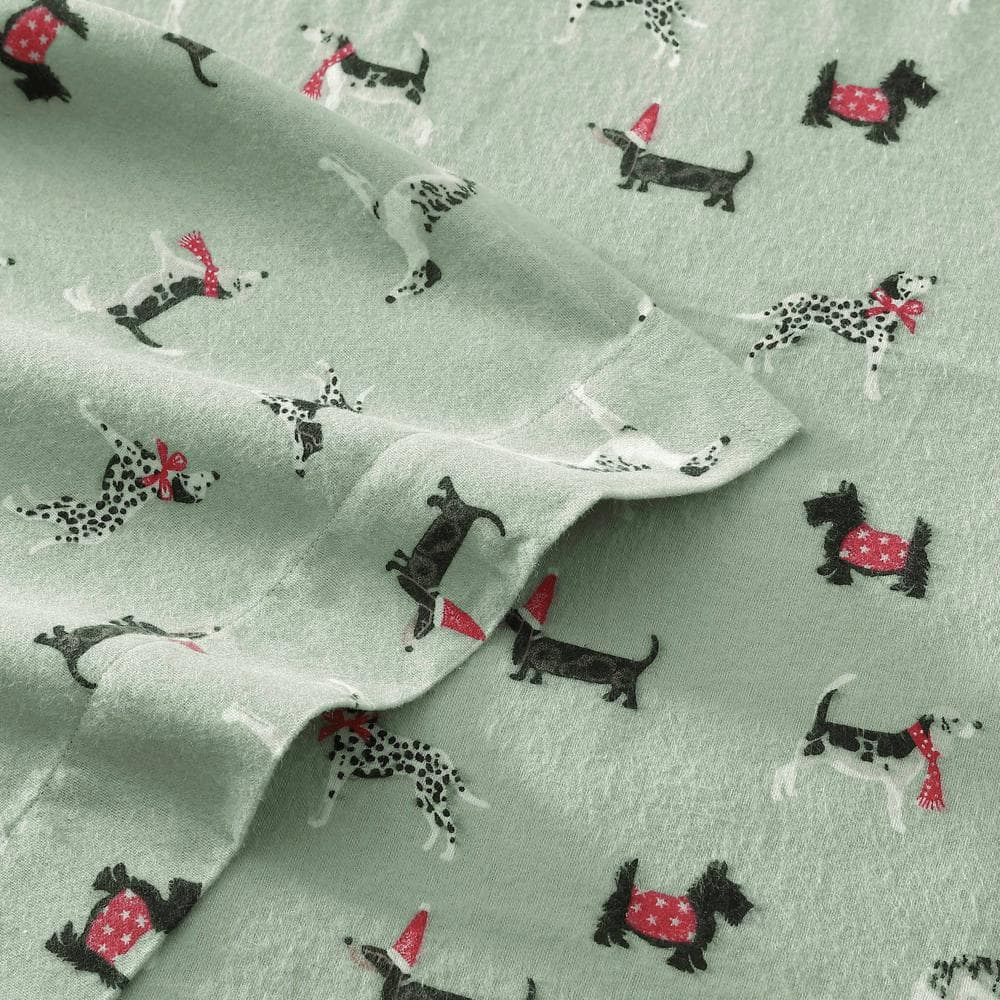 Holiday Pups Green Cotton Flannel Full Sheet Set
