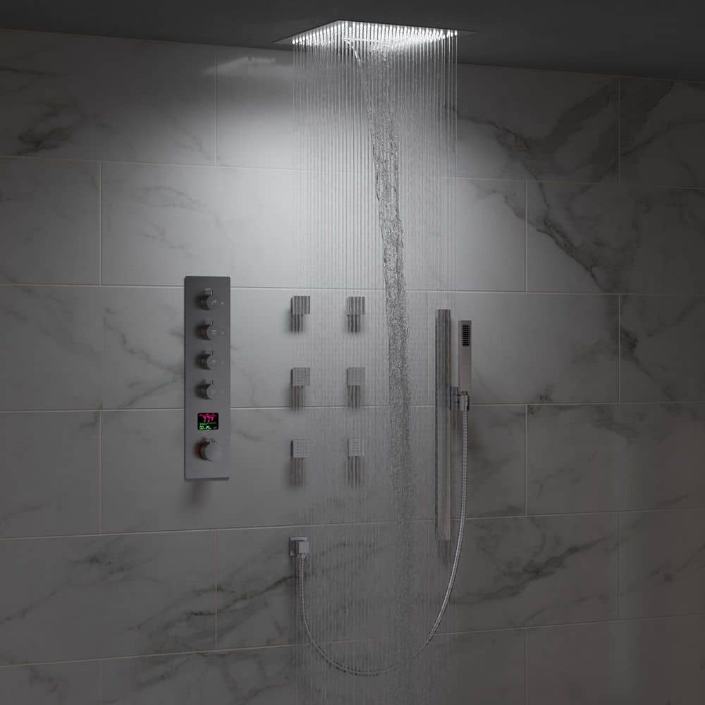 EVERSTEIN 12 in. Dual Rain Shower Heads System, 1.8 GPM Muti Spray Patterns Wall & Celling Mounted Shower Head with Handheld Shower Sparyer, Side Jets & Knob Valve Body, Brushed Nickel