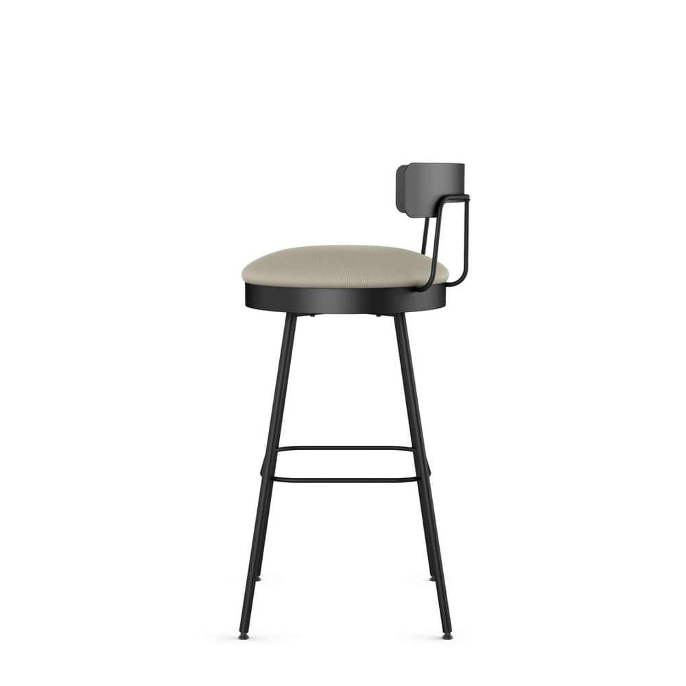 Greige Faux Leather Swivel Bar Stool with Black Metal Base